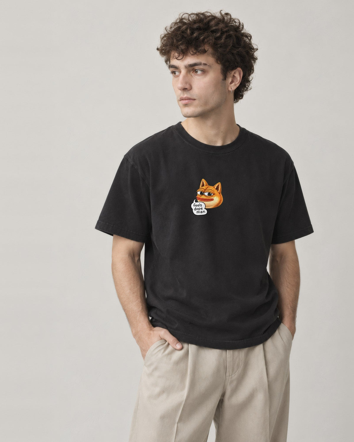 Feels Dope Man Tee, black, center print, worn