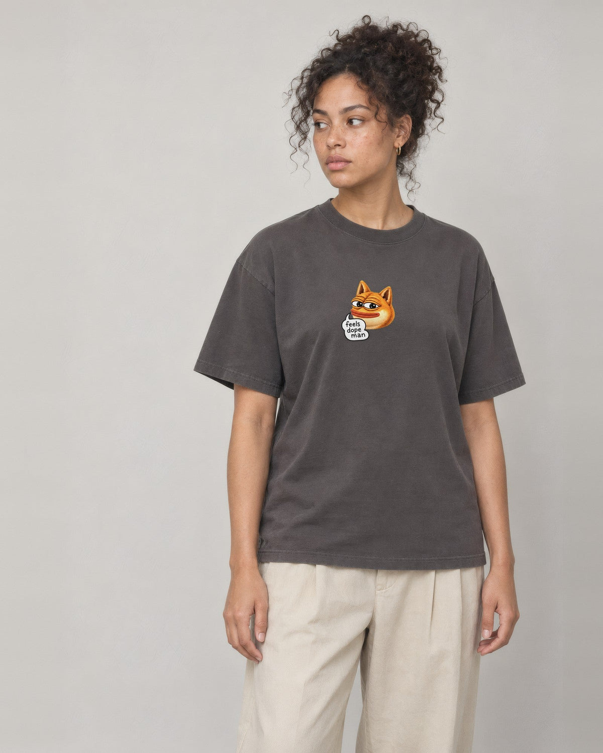 Feels Dope Man Tee, graphite, center print, worn