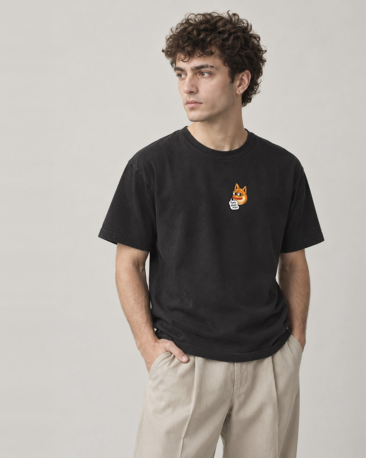 Feels Dope Man Tee, black, left chest print, worn