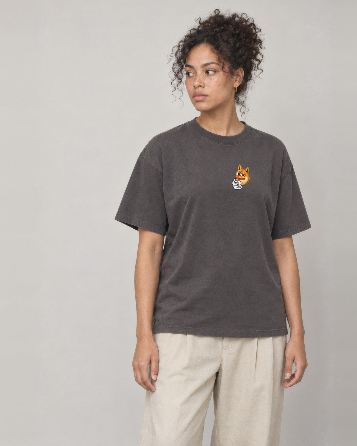 Feels Dope Man Tee, graphite, left chest print, worn