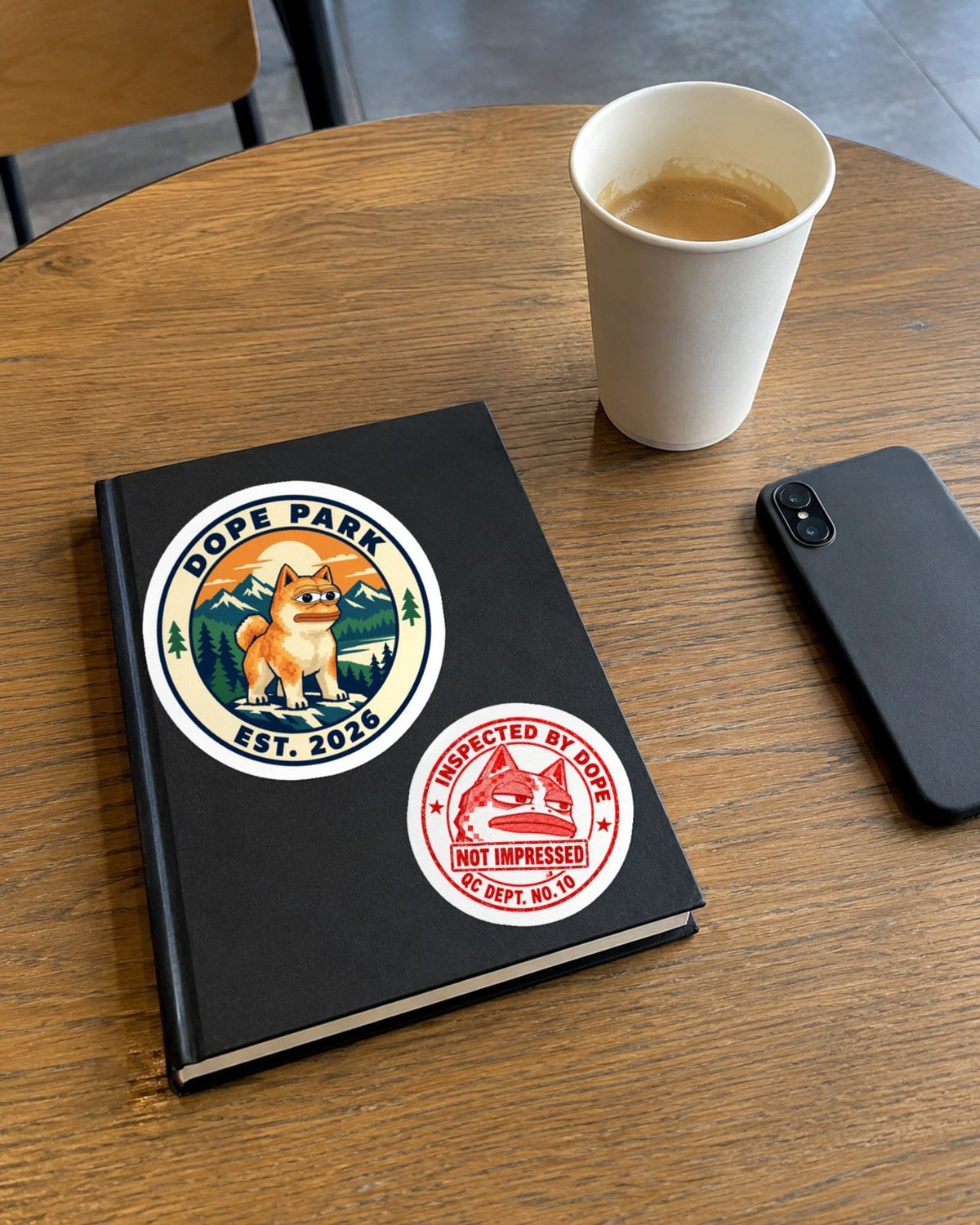 DOPE Park Badge Sticker, on a notebook